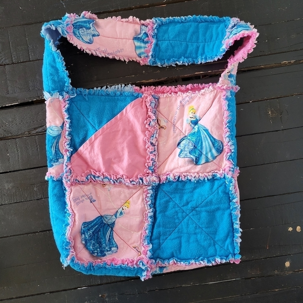 Handmade Quilted Cinderella Bag Tote Pink Blue Disney Princess Rag Fringe Soft